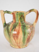Antique French water pitcher - green / yellow & brown 9½"