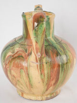 Antique French water pitcher - green / yellow & brown 9½"
