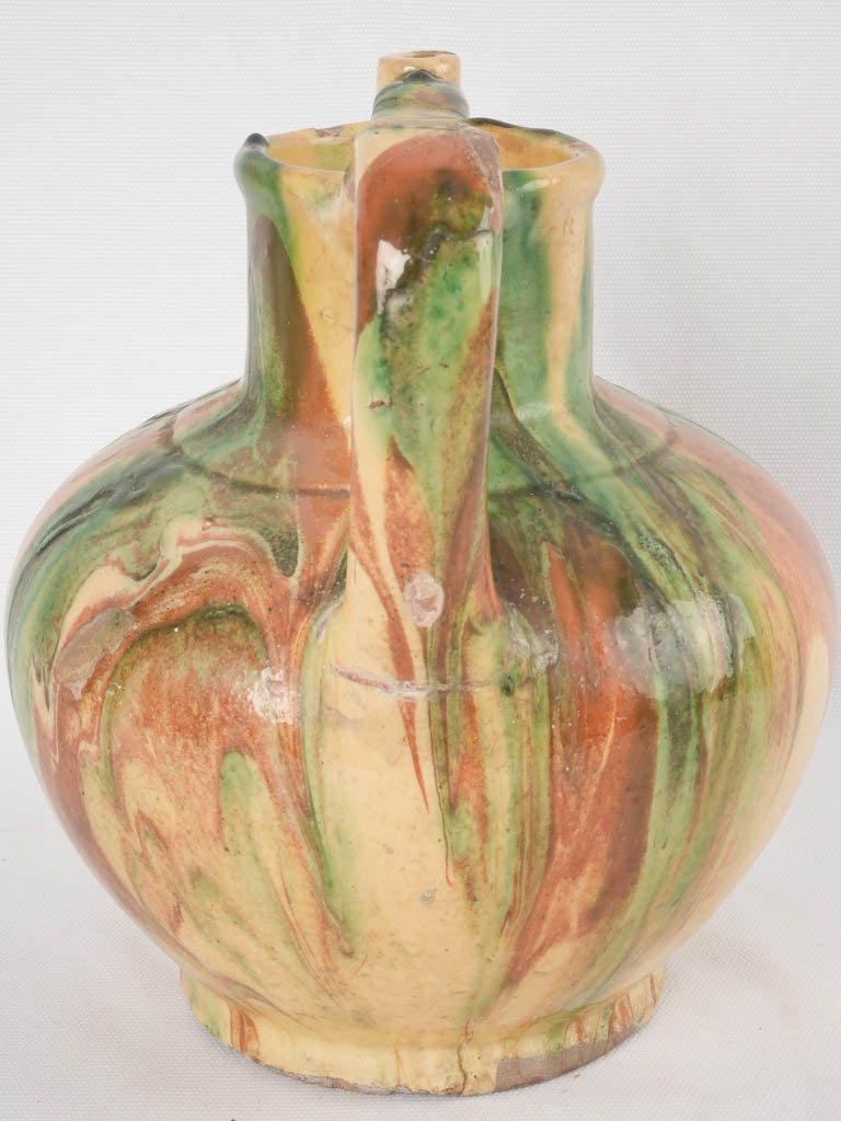 Antique French water pitcher - green / yellow & brown 9½"