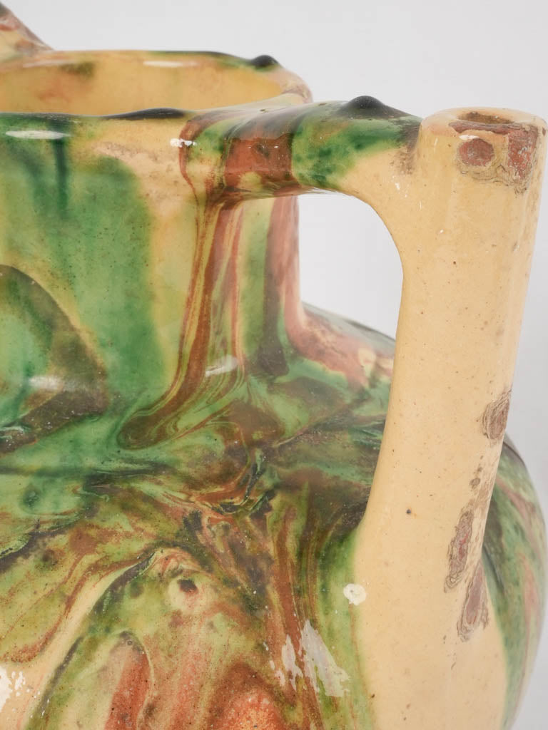 Antique French water pitcher - green / yellow & brown 9½"