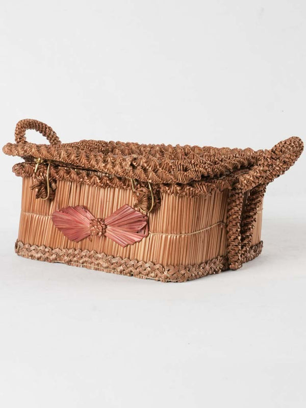 Antique straw-rattan French coffret basket