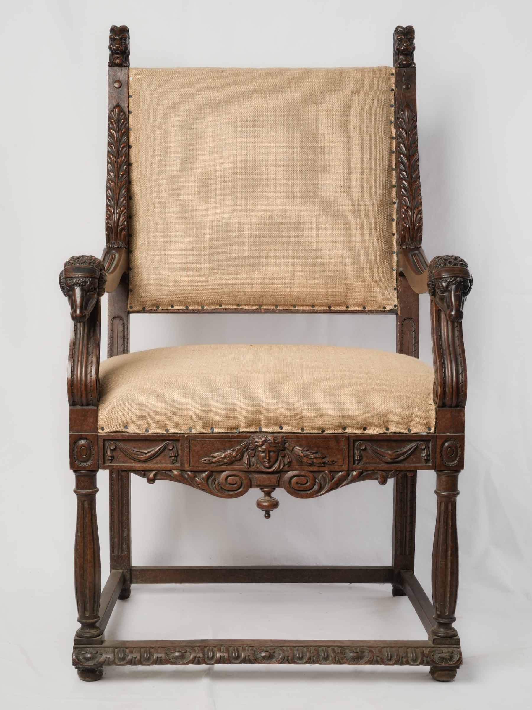 French Renaissance Revival Carved Walnut Armchair, Late 19th Century - 45¾"