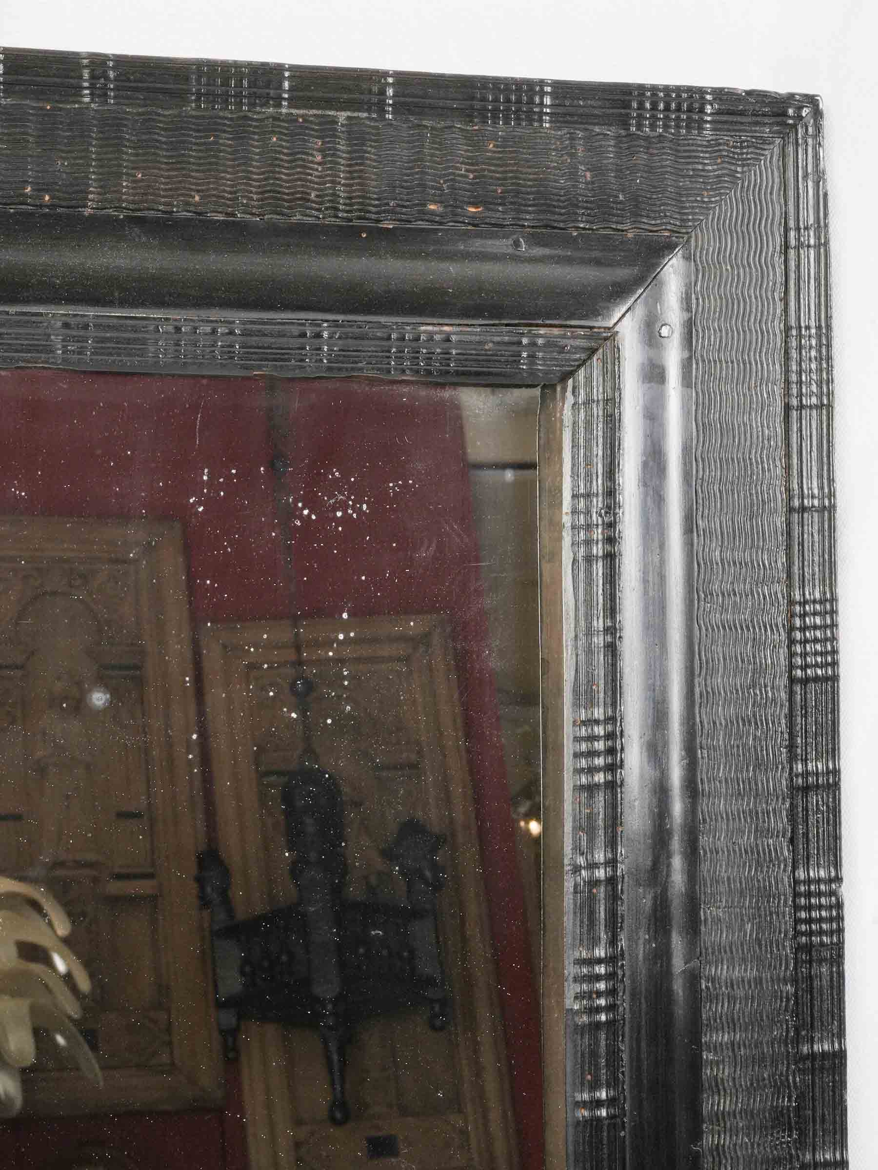 Handsome Antique Italian Ebonized Mirror w/ Rippled Baroque Frame & Original Mercury Plate - 36¼" x 30¾"