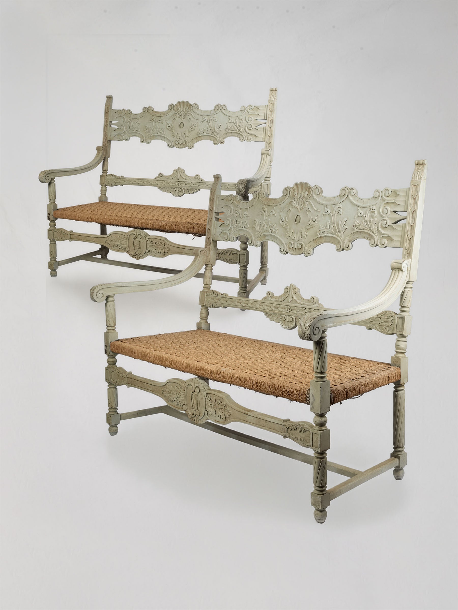 Pair of Italian Carved Wood Benches w/ Woven Seats in Sage Green Finish - 55"