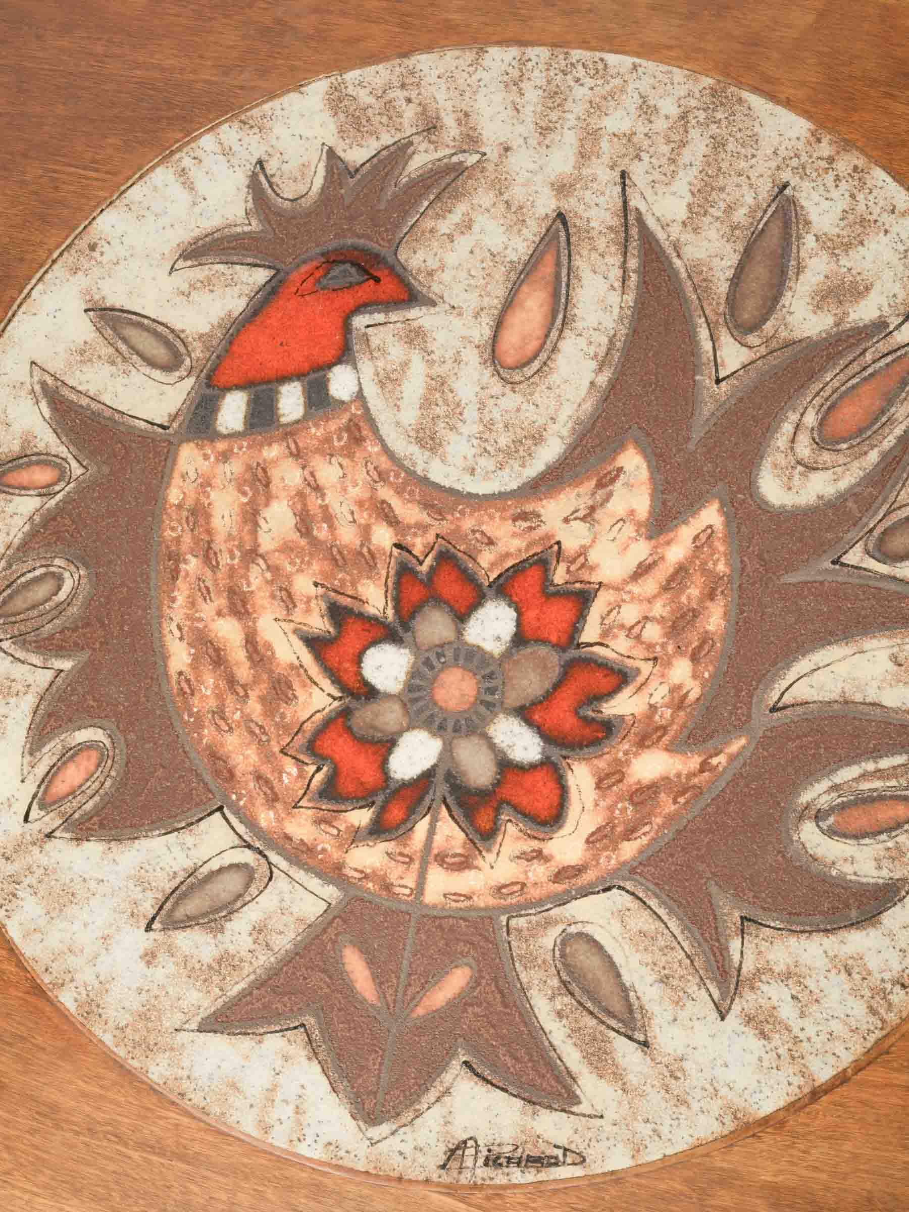 French Mid-20th Century Folding Table w/ Vibrant Vallauris Ceramic Cockerel Plaque - 51¼"