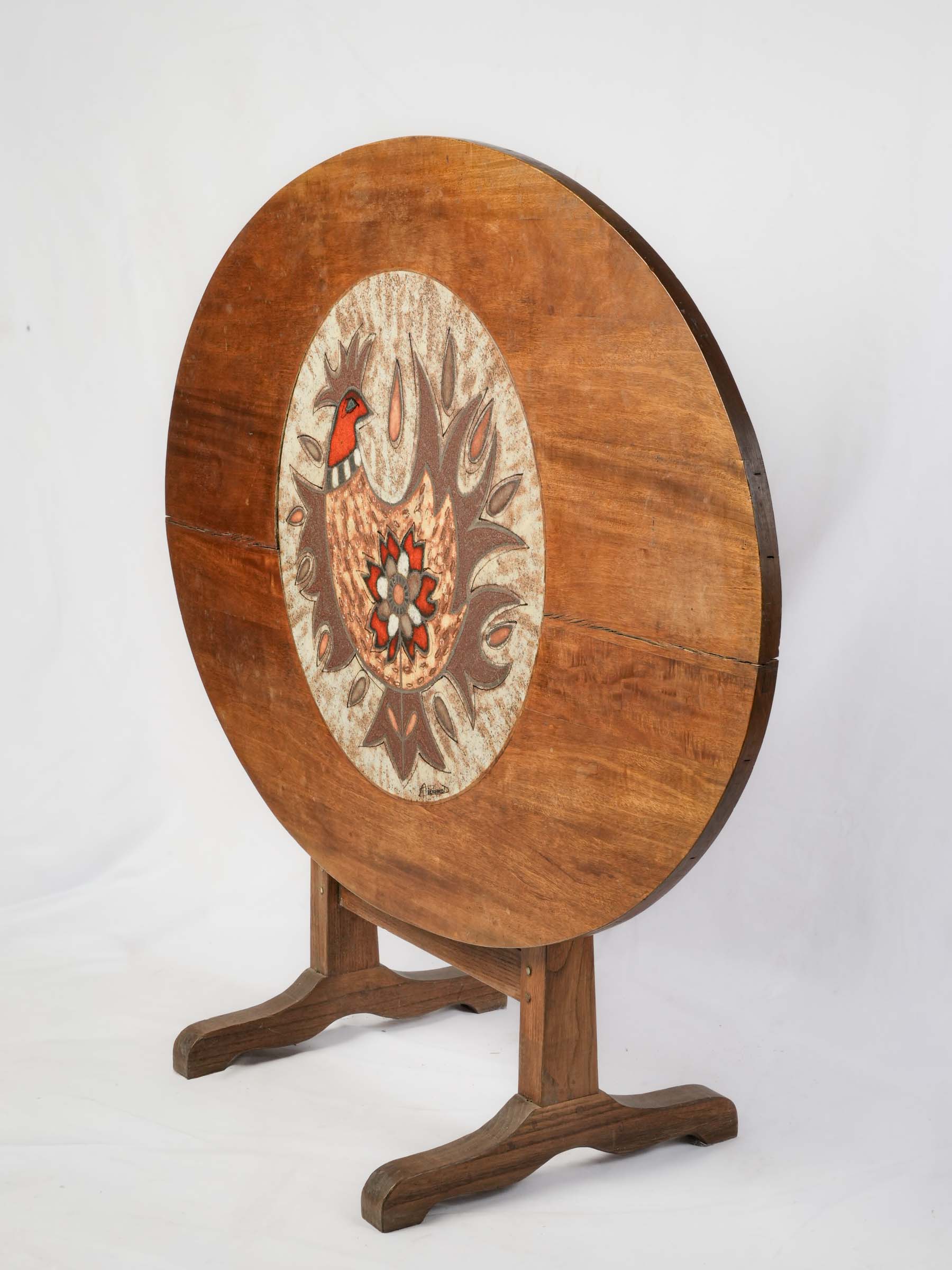French Mid-20th Century Folding Table w/ Vibrant Vallauris Ceramic Cockerel Plaque - 51¼"