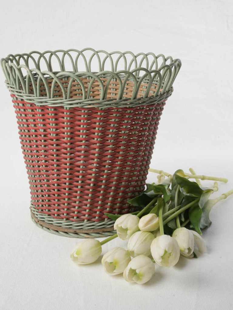 Vintage colorful woven wastebasket  