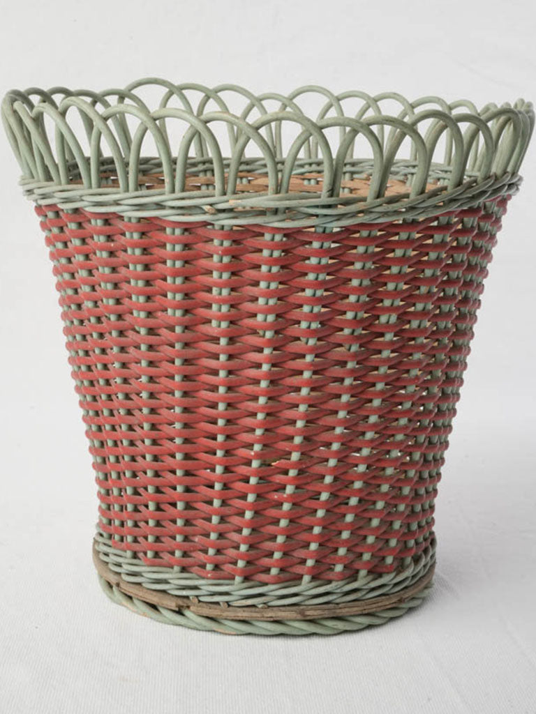 Celadon green wicker wastebasket  