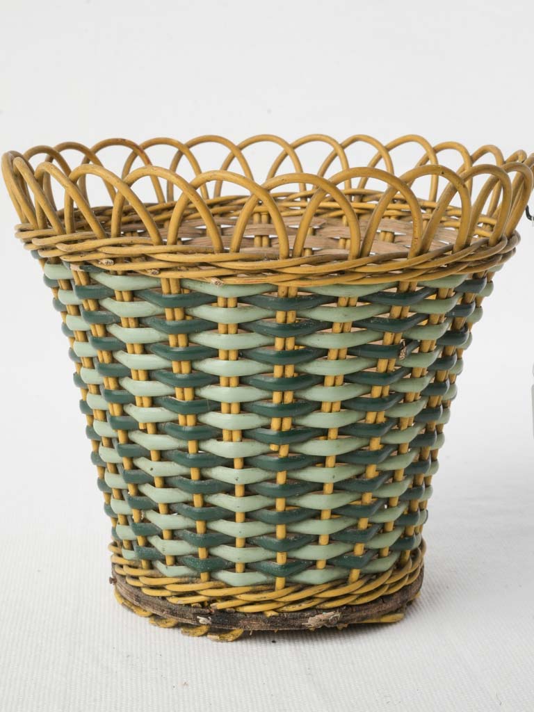Petite Mid-20th Century Wicker Cachepot in Green & Ochre - 6¼"