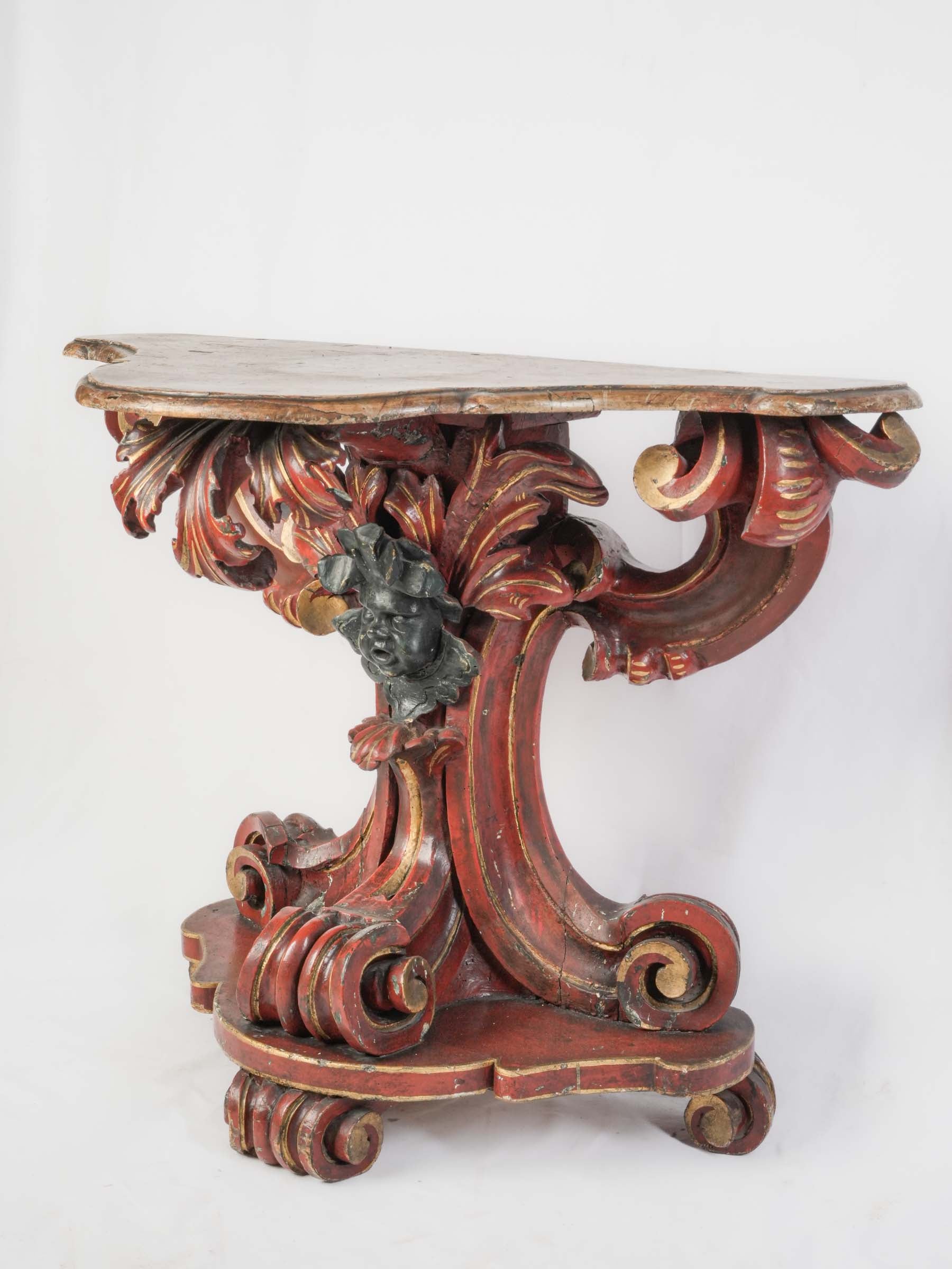 Italian Baroque Revival Console Table w/ Richly Carved Base & Faux Marble Top, Late 19th Century - 32" x 41¼"