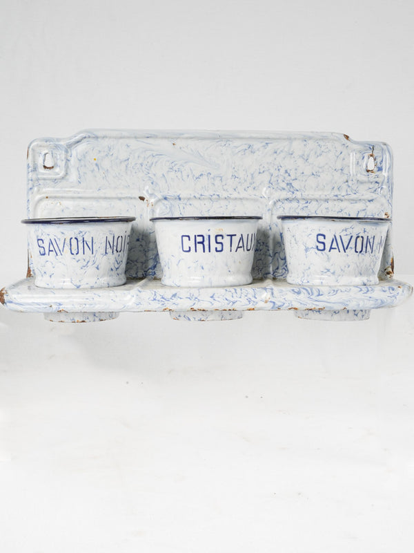 Vintage enamelware wall holder -for cleaning products - savon cristaux 14½"