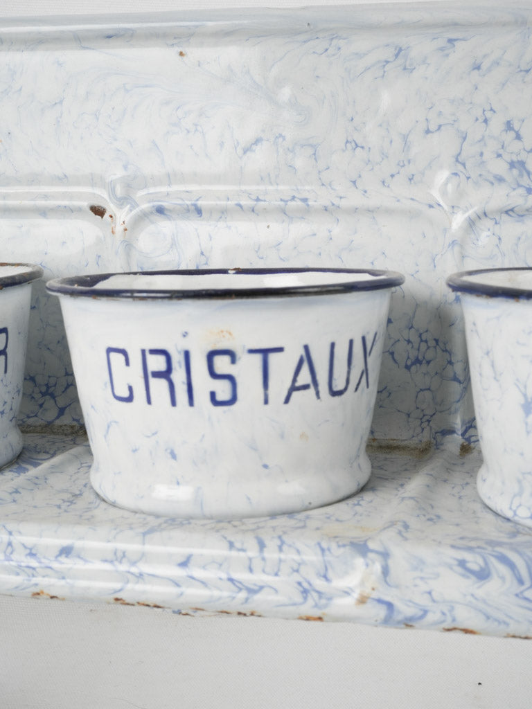 Aged blue and white enamel vases