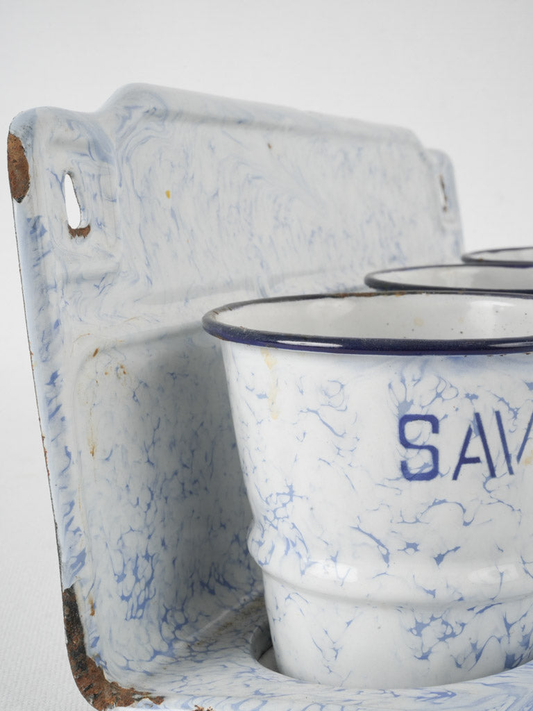Rustic enamel cleaning supply pots