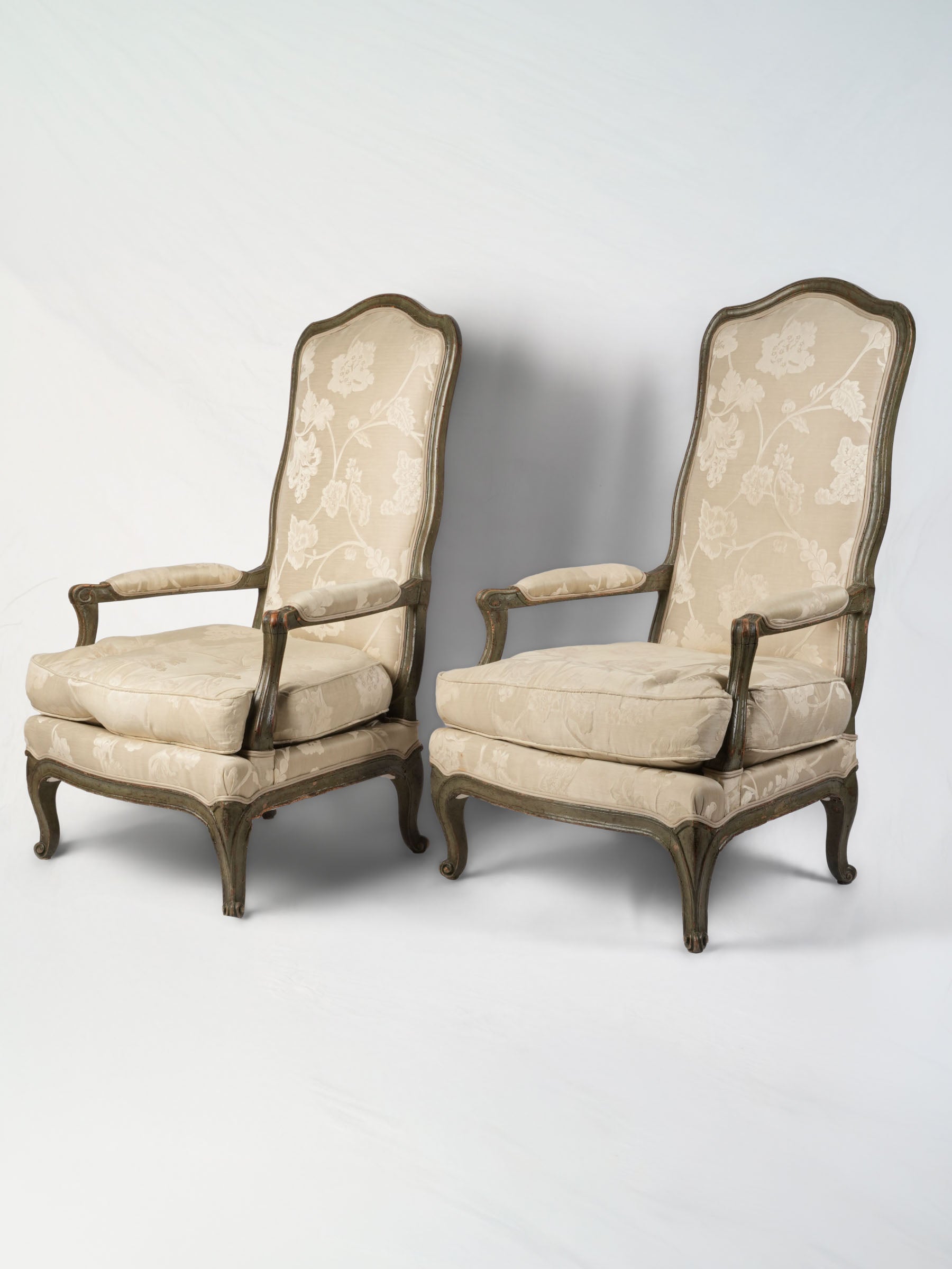 Pair of Louis XV Low Fireside Armchairs w/ Original Green Lacquer - 43"