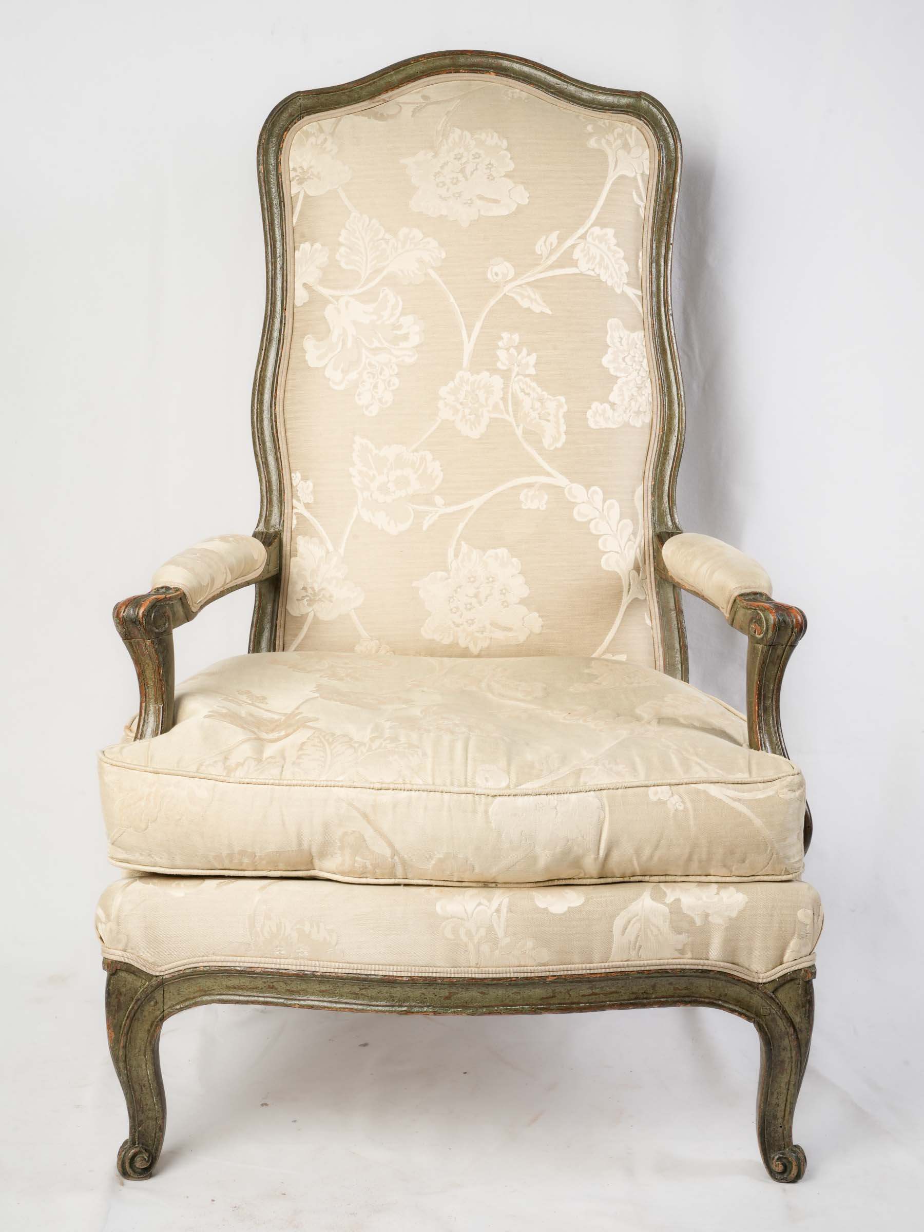Pair of Louis XV Low Fireside Armchairs w/ Original Green Lacquer - 43"