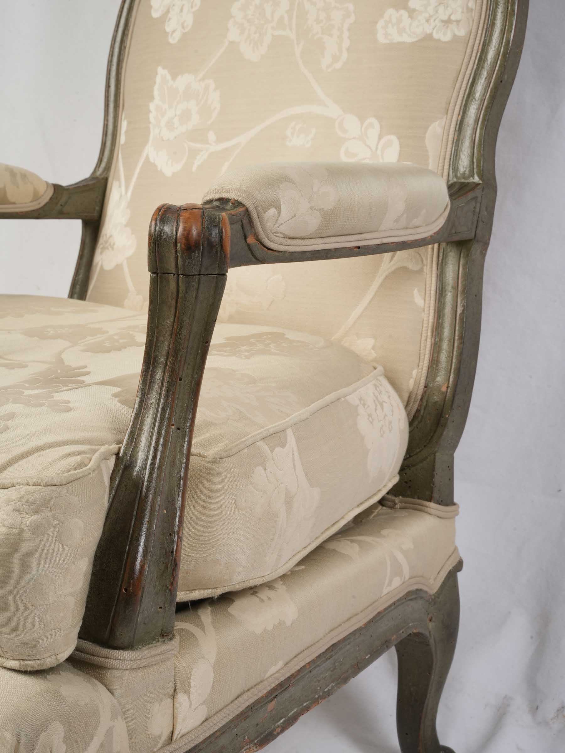 Pair of Louis XV Low Fireside Armchairs w/ Original Green Lacquer - 43"