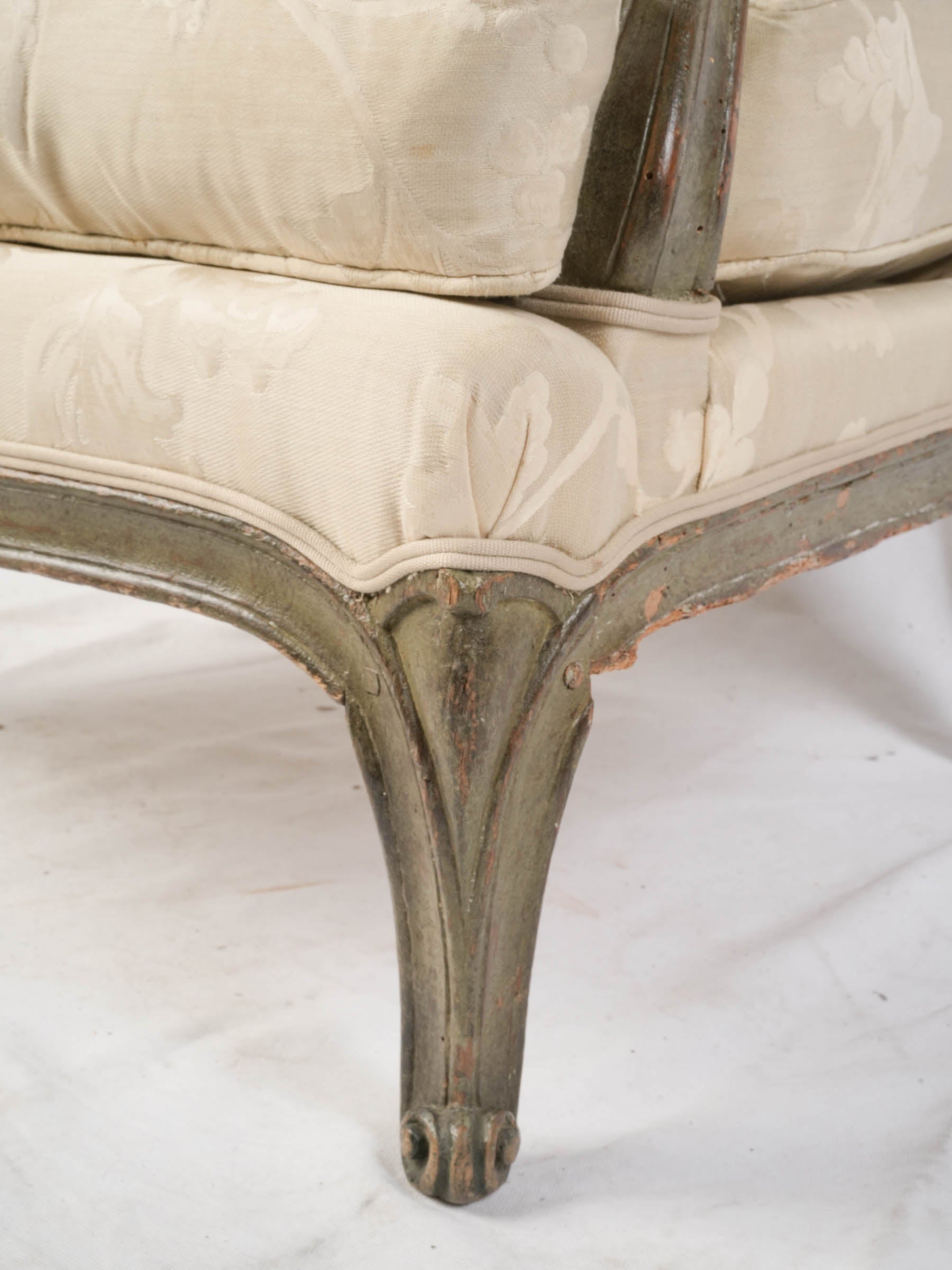 Pair of Louis XV Low Fireside Armchairs w/ Original Green Lacquer - 43"