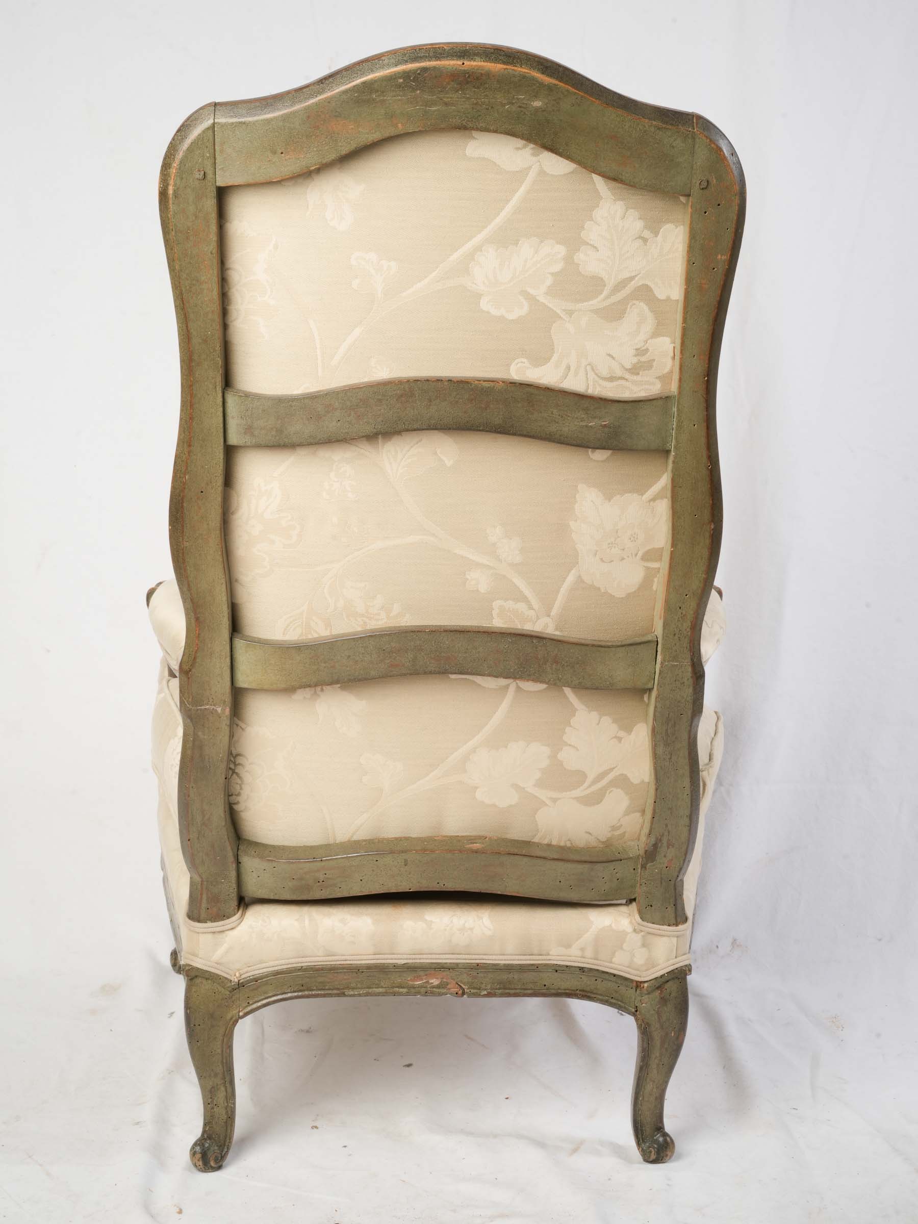 Pair of Louis XV Low Fireside Armchairs w/ Original Green Lacquer - 43"