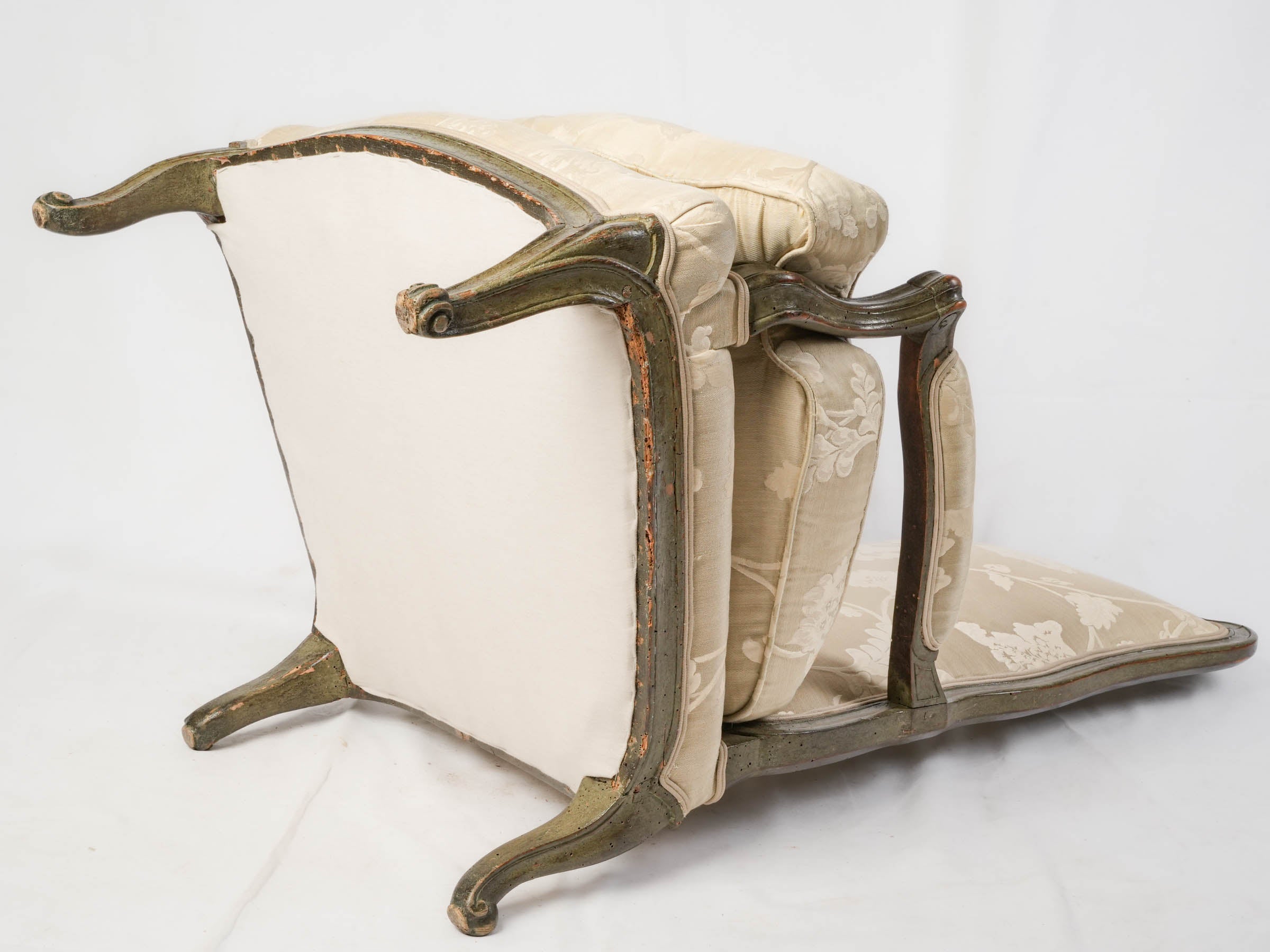 Pair of Louis XV Low Fireside Armchairs w/ Original Green Lacquer - 43"