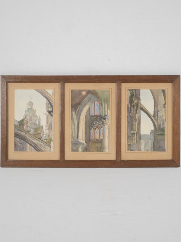 Antique watercolor Amiens Cathedral triptych