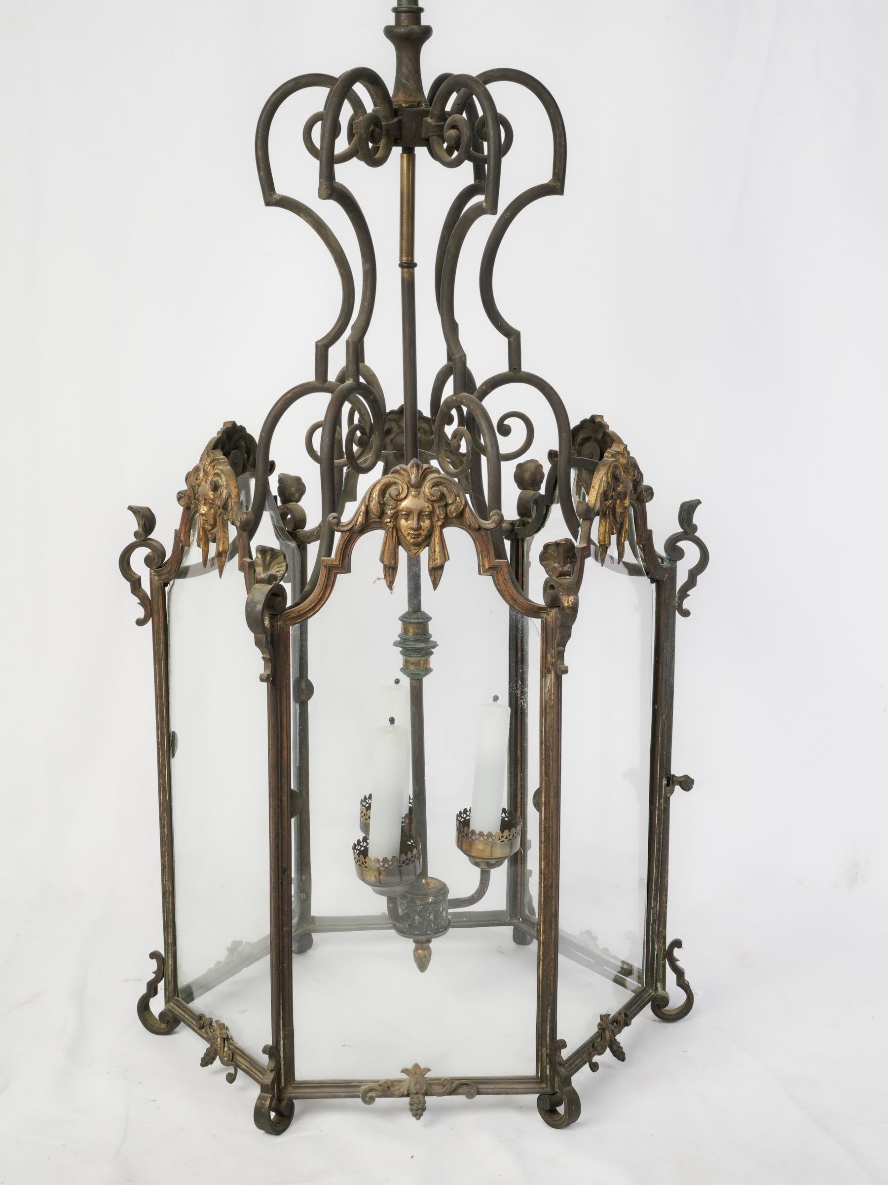 Large Hexagonal Bronze & Brass Hall Lantern, Early 19th Century - 42¼" x 21¼"