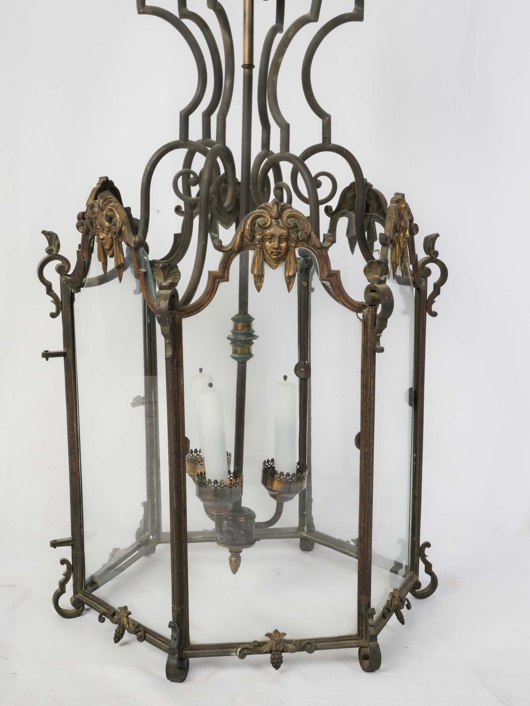 Large Hexagonal Bronze & Brass Hall Lantern, Early 19th Century - 42¼" x 21¼"