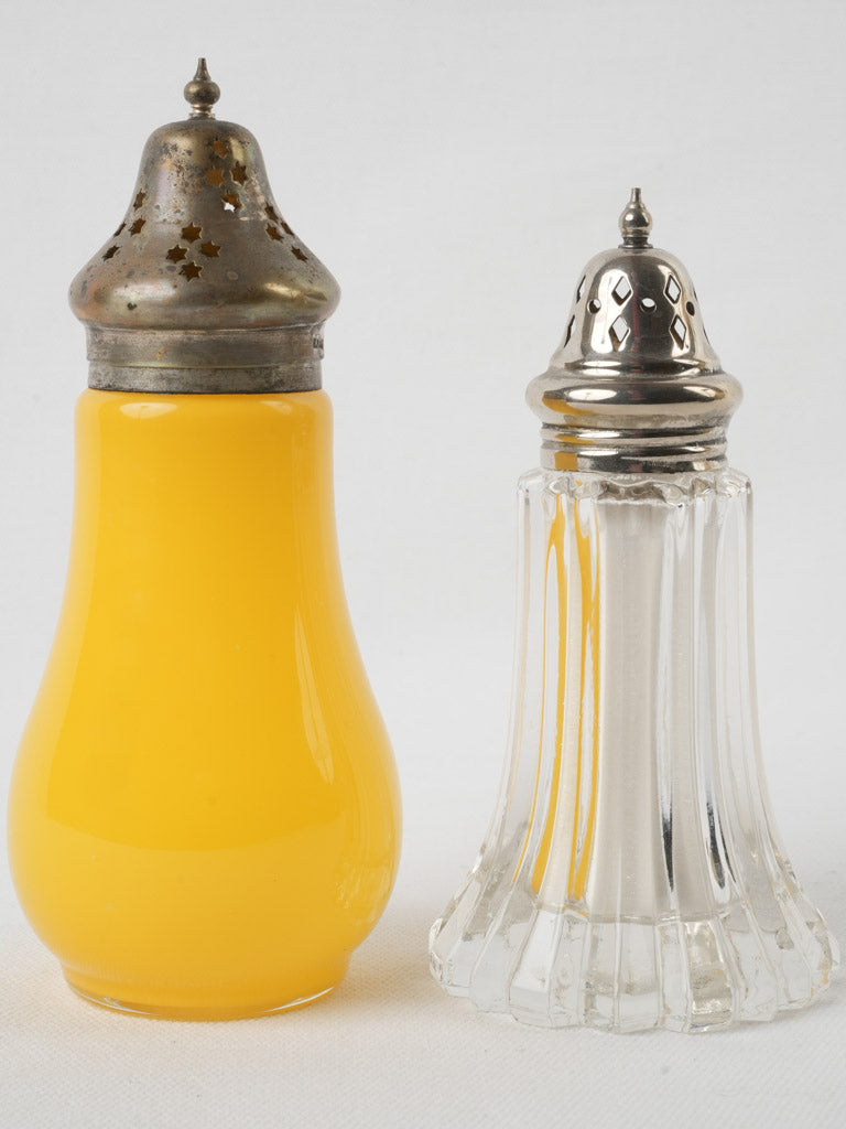 Aged silver plate sugar shakers