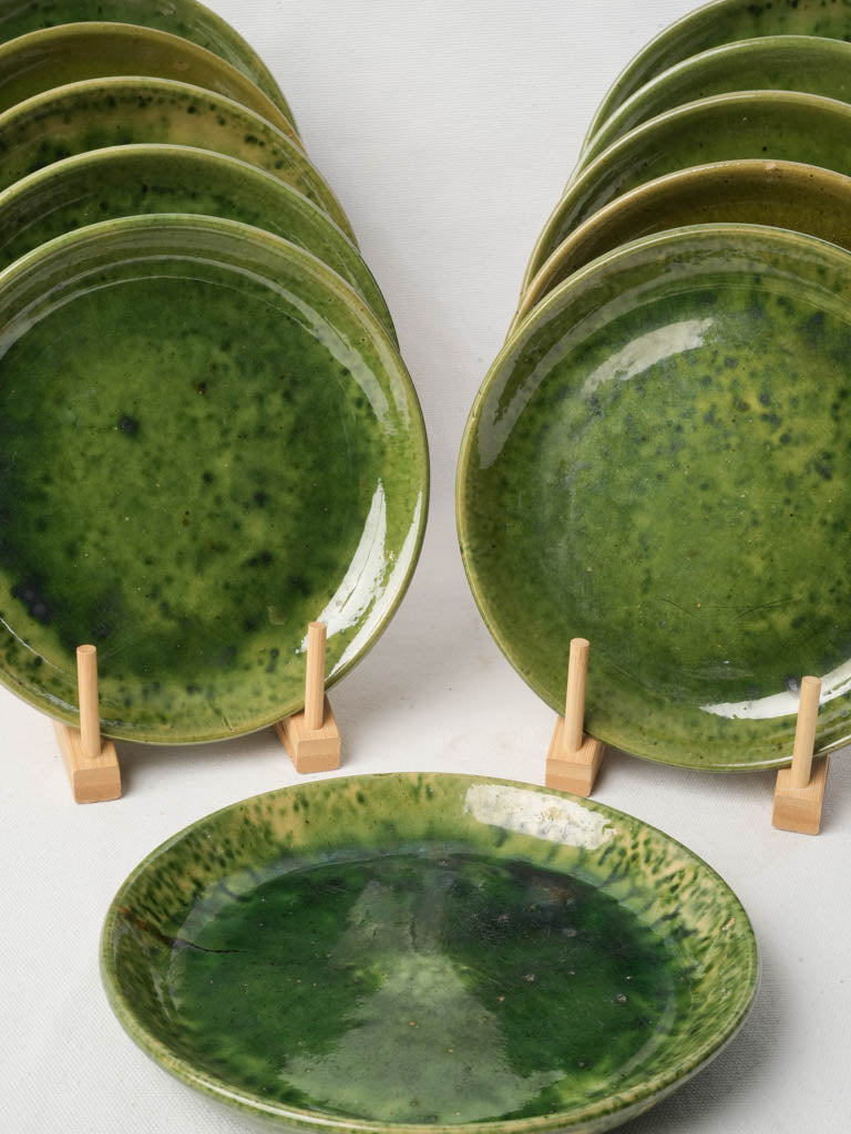 Mid 20th Century Set of Eleven Provençal Green Glazed Ceramic Plates - 8¾"