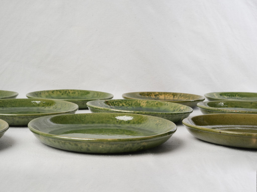 Mid 20th Century Set of Eleven Provençal Green Glazed Ceramic Plates - 8¾"