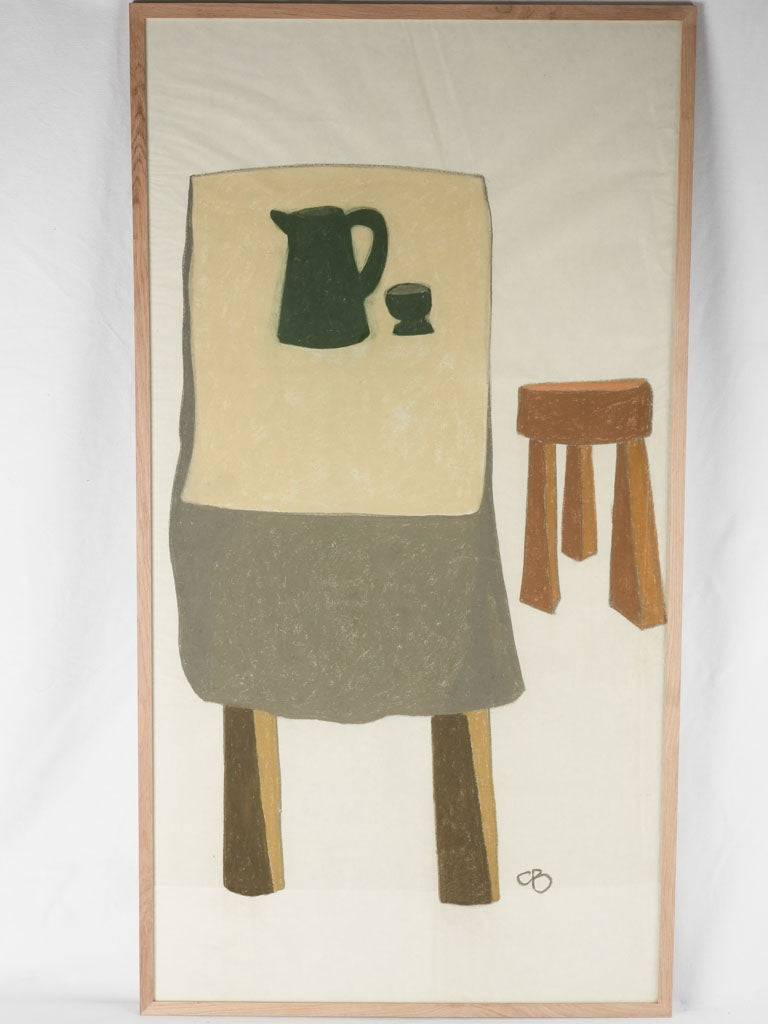 Large modern still life pitcher & cup on table w/ wooden stool - Caroline Beauzon 56¼" x 30¼"