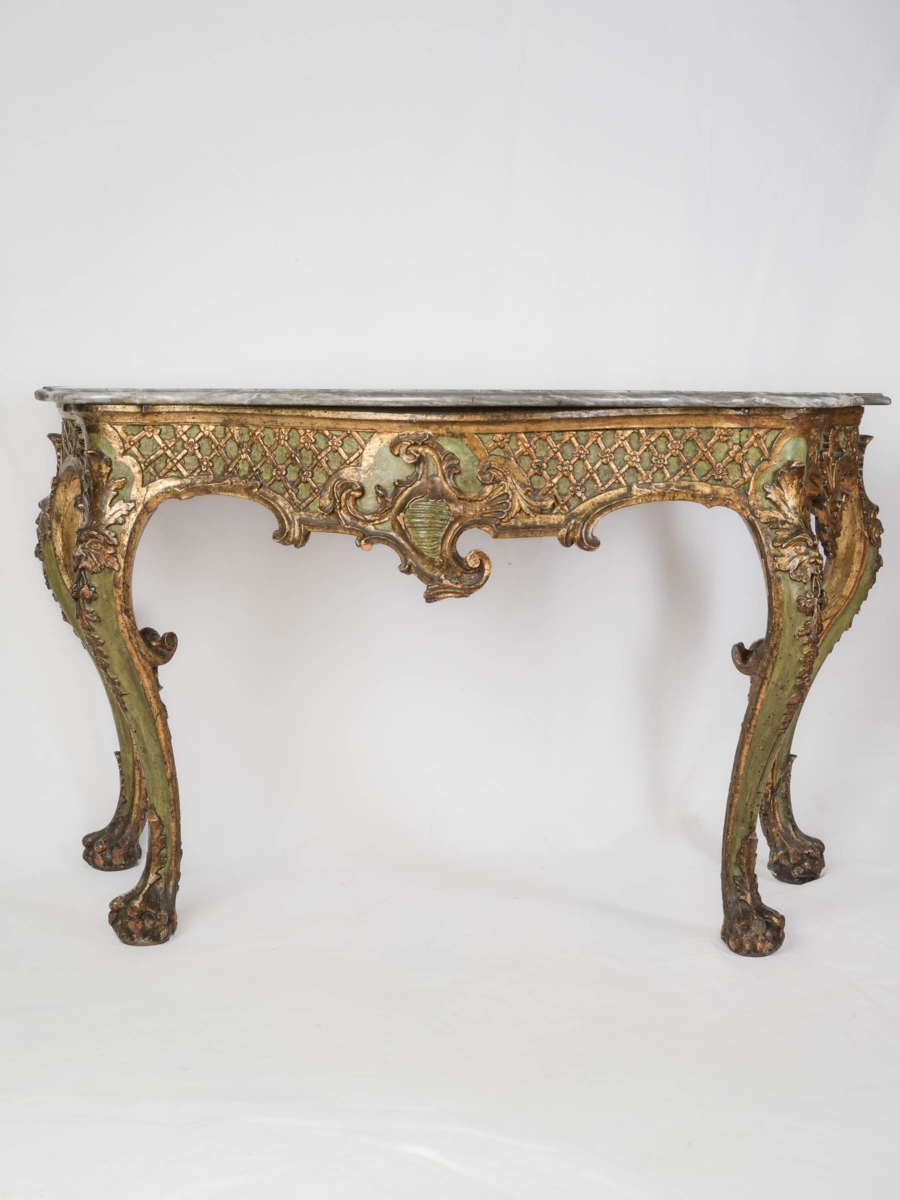 Striking Venetian Green-Lacquered and Gilt Rococo Console Table, 18th Century - 35"x 60¼"