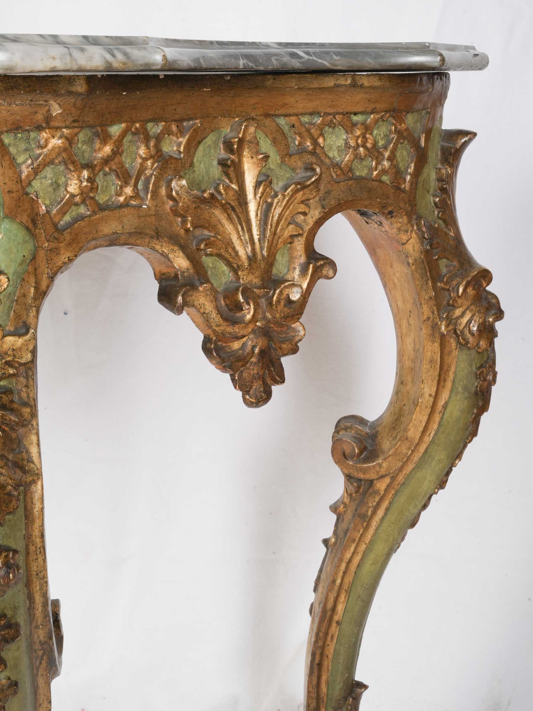 Striking Venetian Green-Lacquered and Gilt Rococo Console Table, 18th Century - 35"x 60¼"