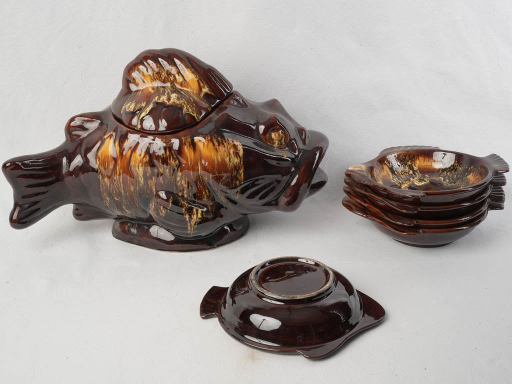 Whimsical Mid-Century Vallauris Fish-Form Bouillabaisse Set for 5