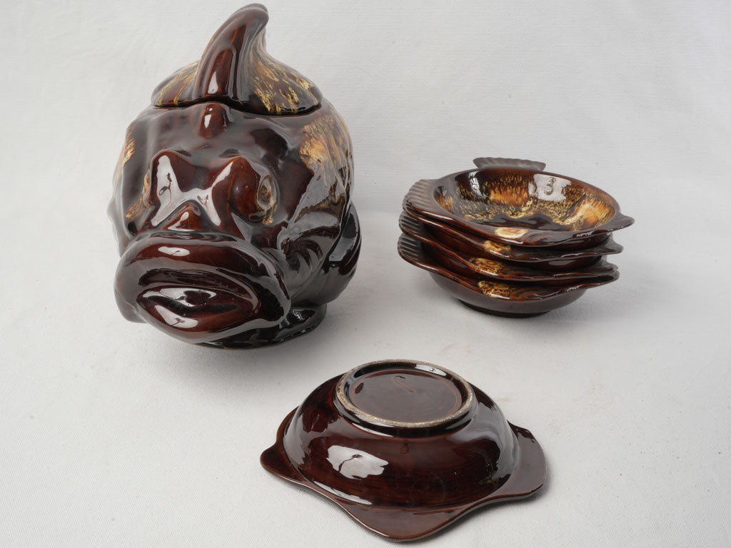 Whimsical Mid-Century Vallauris Fish-Form Bouillabaisse Set for 5