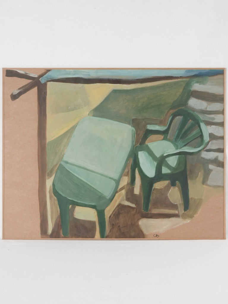 Green & blue table & chair w/ view - Caroline Beauzon 19¾" x 25½"