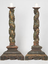 Antique Spanish polychrome wooden candlesticks