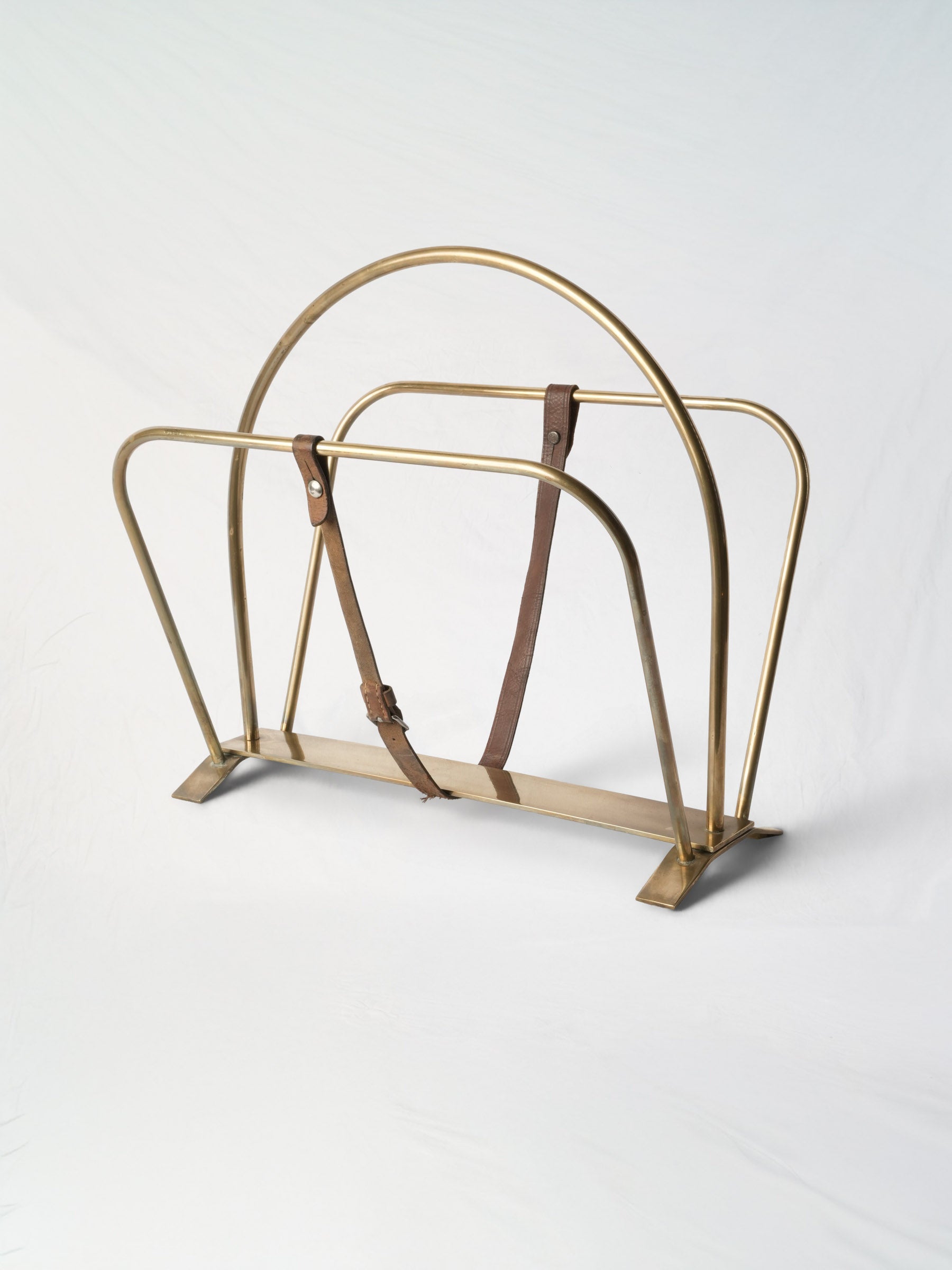 Mid-Century Hollywood Regency Brass Magazine Rack with Buckled Leather Strap - 16½" x 17¾"