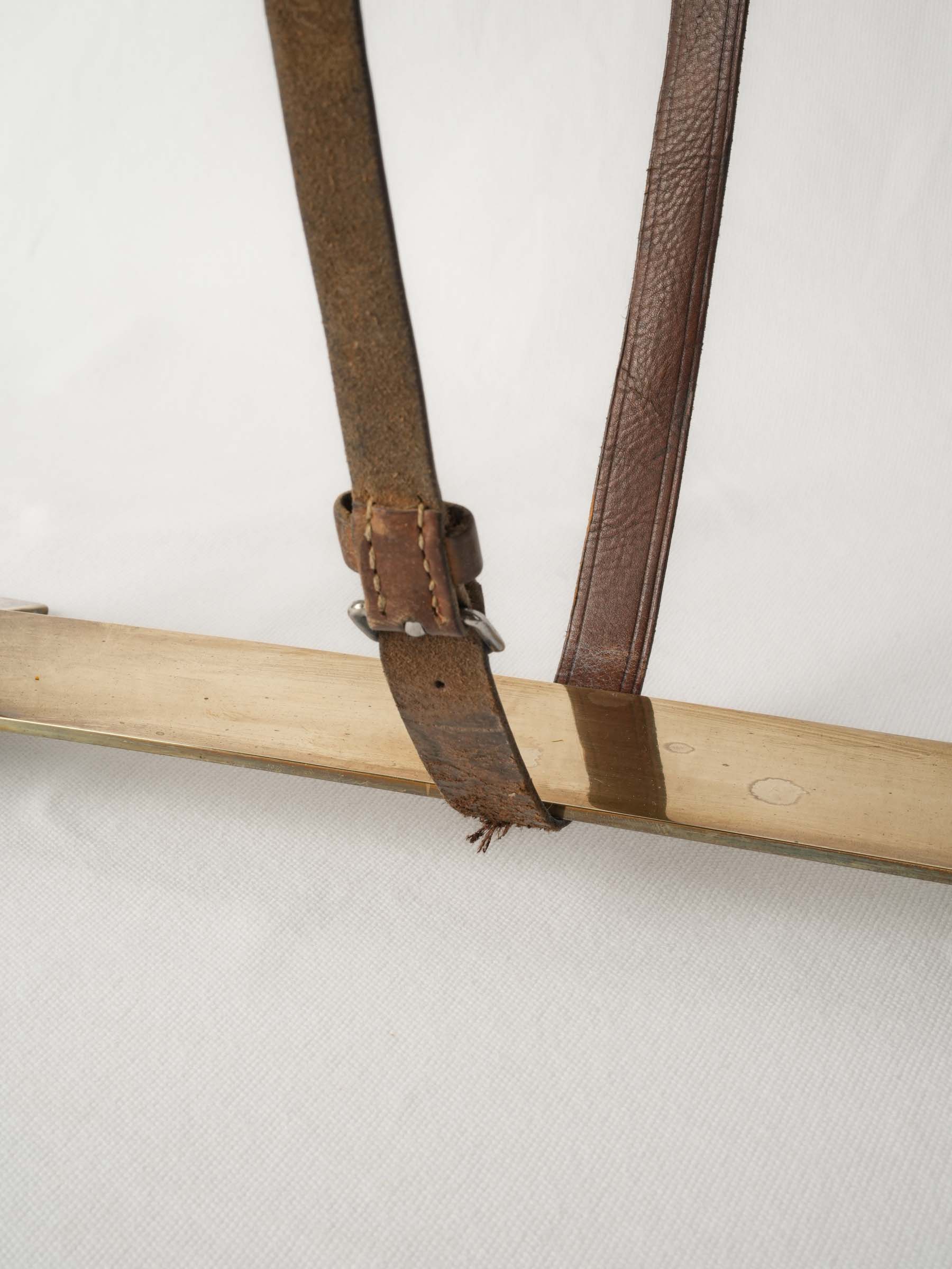 Mid-Century Hollywood Regency Brass Magazine Rack with Buckled Leather Strap - 16½" x 17¾"