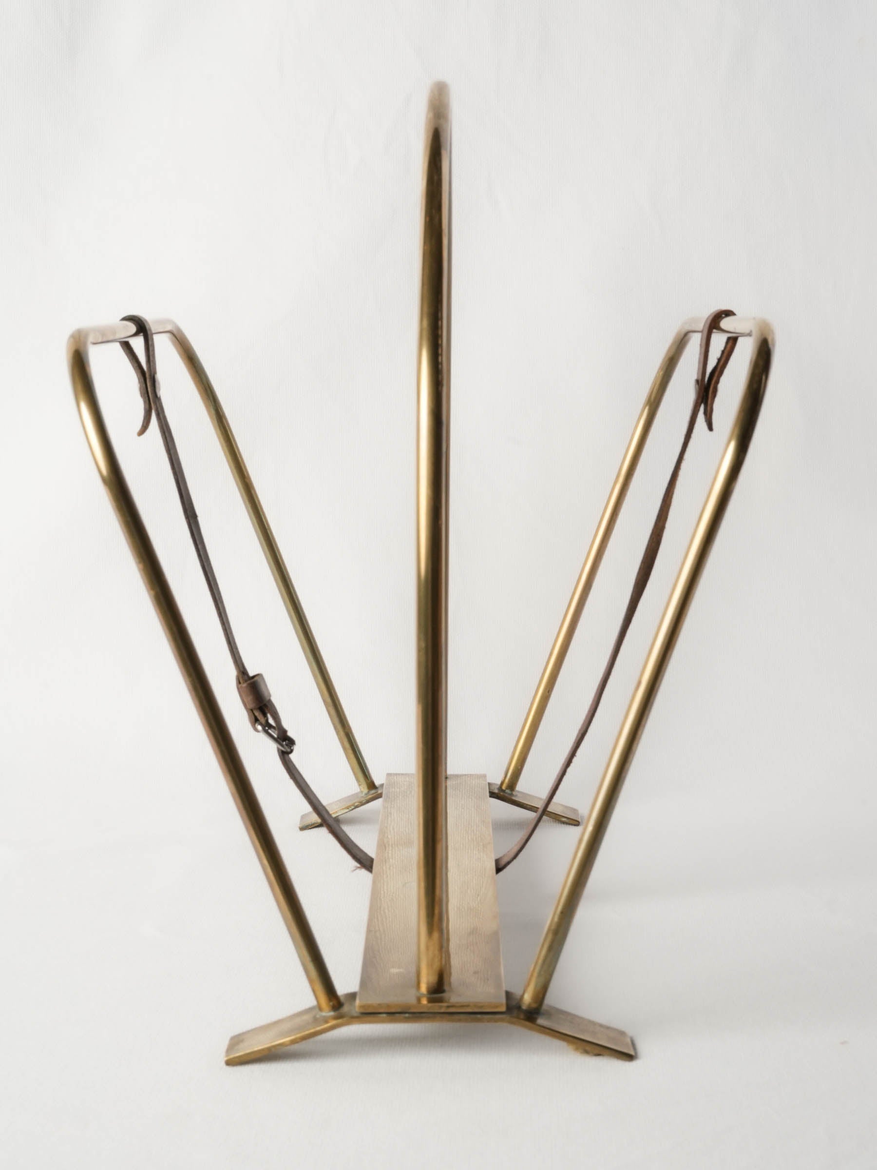 Mid-Century Hollywood Regency Brass Magazine Rack with Buckled Leather Strap - 16½" x 17¾"