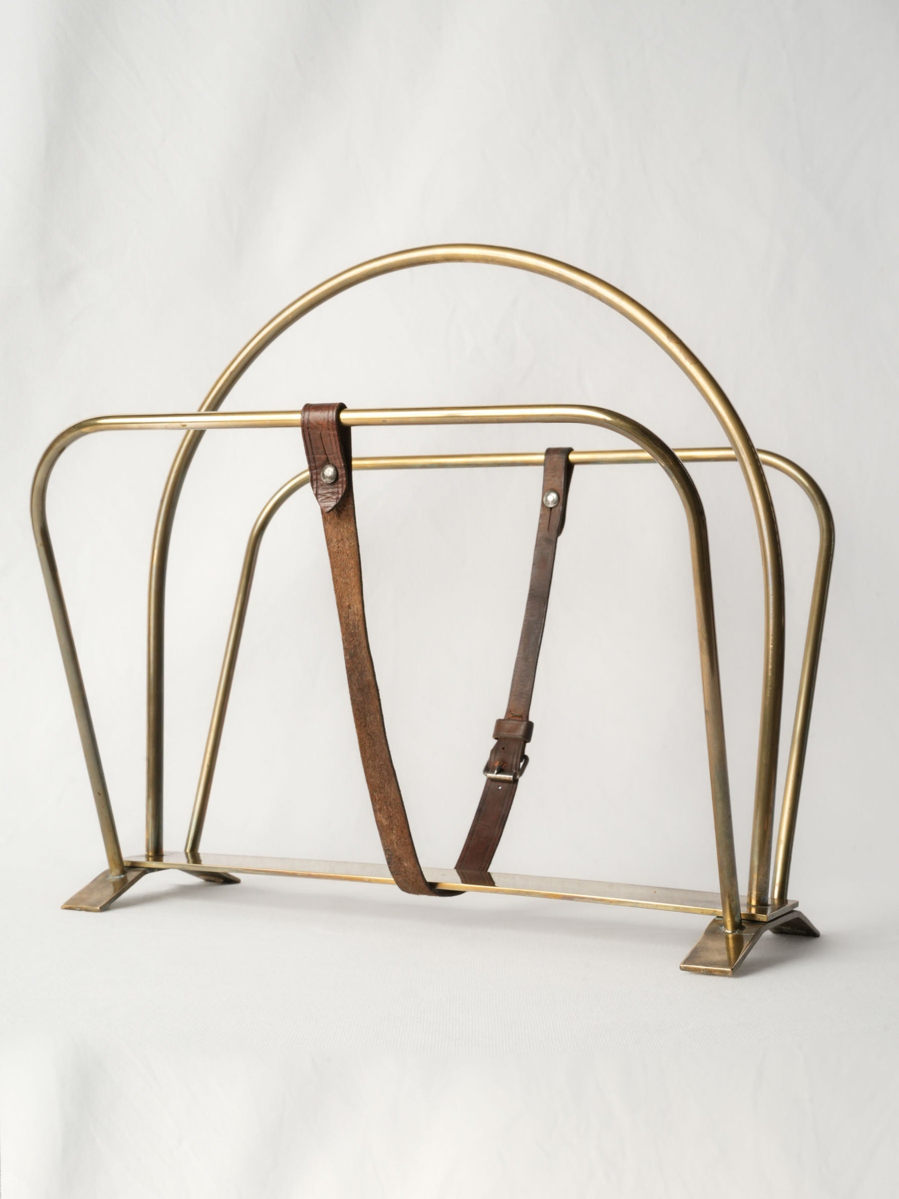 Mid-Century Hollywood Regency Brass Magazine Rack with Buckled Leather Strap - 16½" x 17¾"
