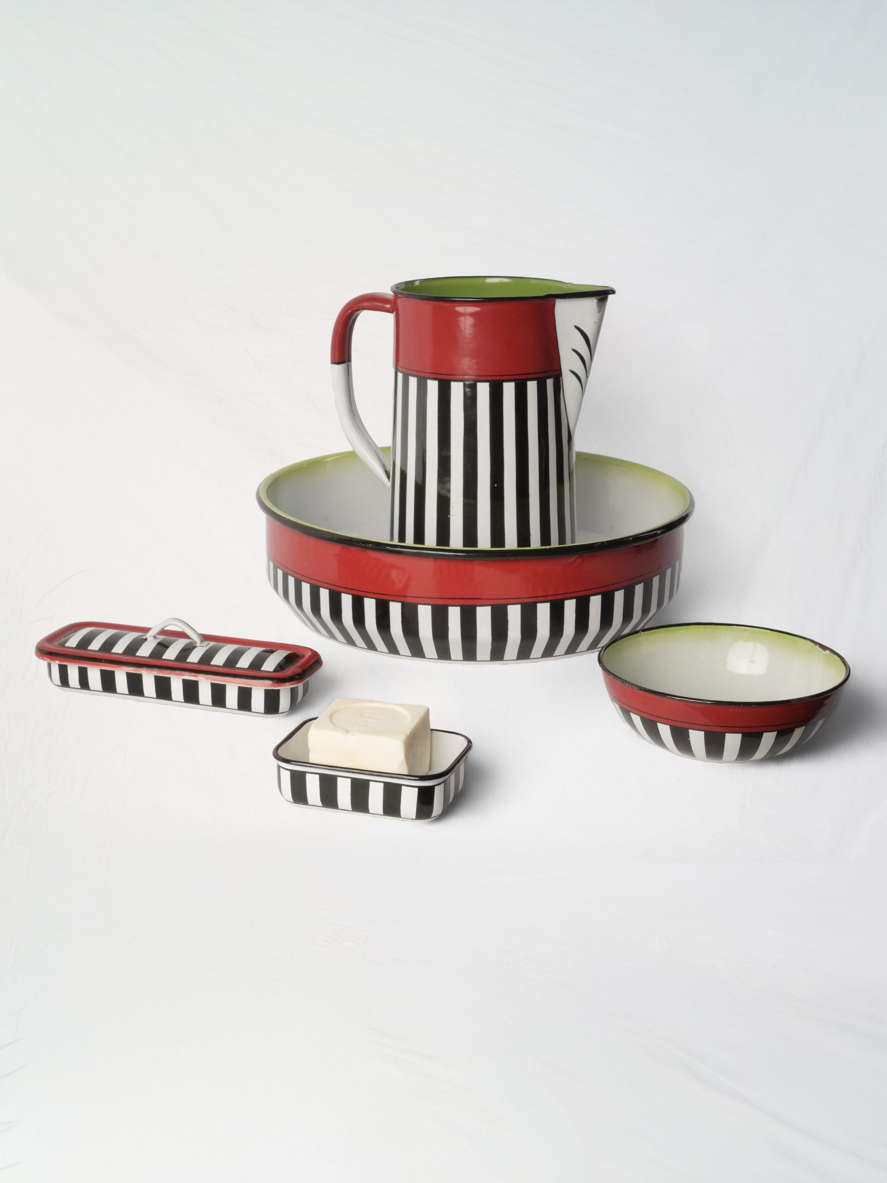 Striking Art Deco Striped Enameled Metal Wash Set