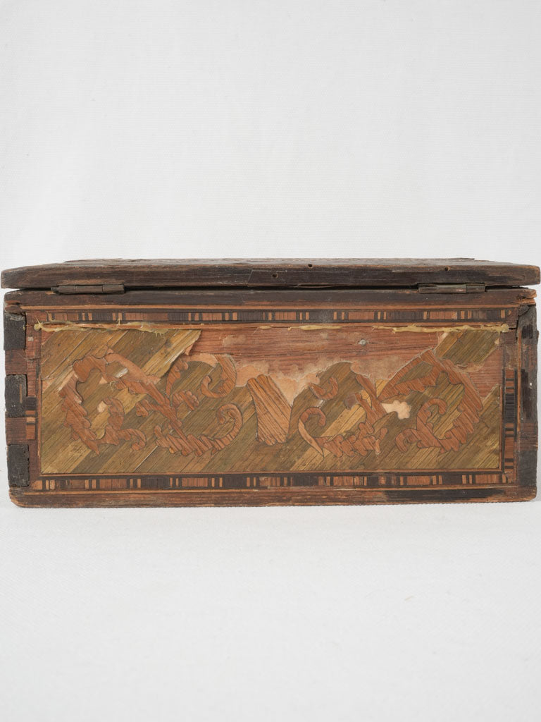 Antique couturier straw marquetry tool box