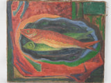 Colorful still life w/ fish - oil on canvas 18" x 21¾"