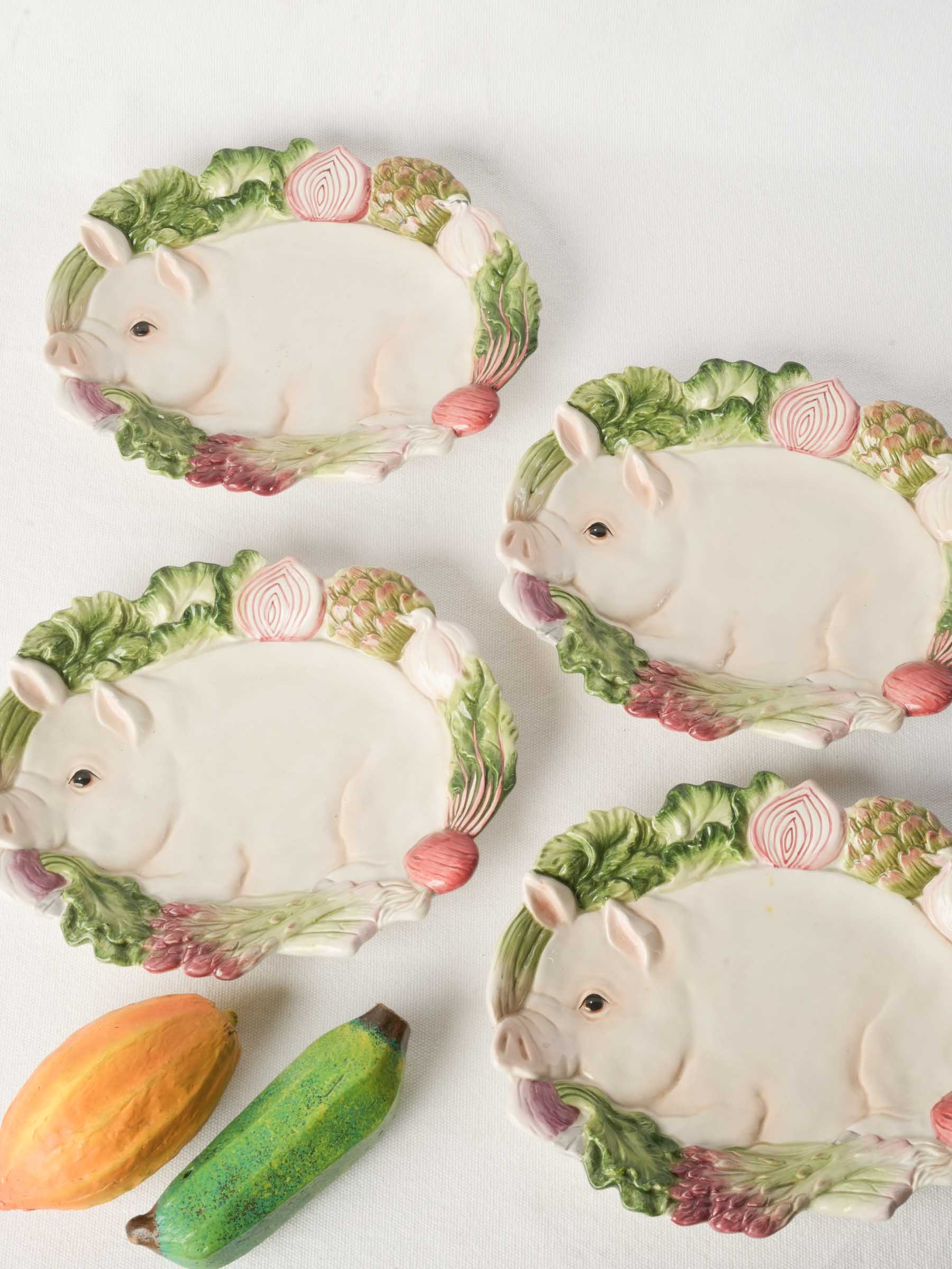 Set of Four Whimsical Fitz & Floyd "French Market" Canapé Plates, Circa 2000s - 10¾"