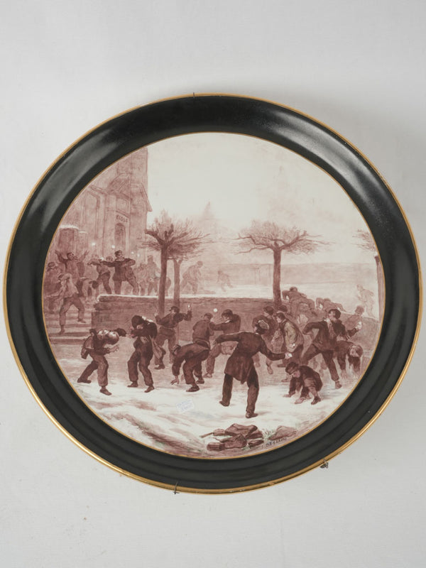 Rare French porcelain snowball fight scene plate