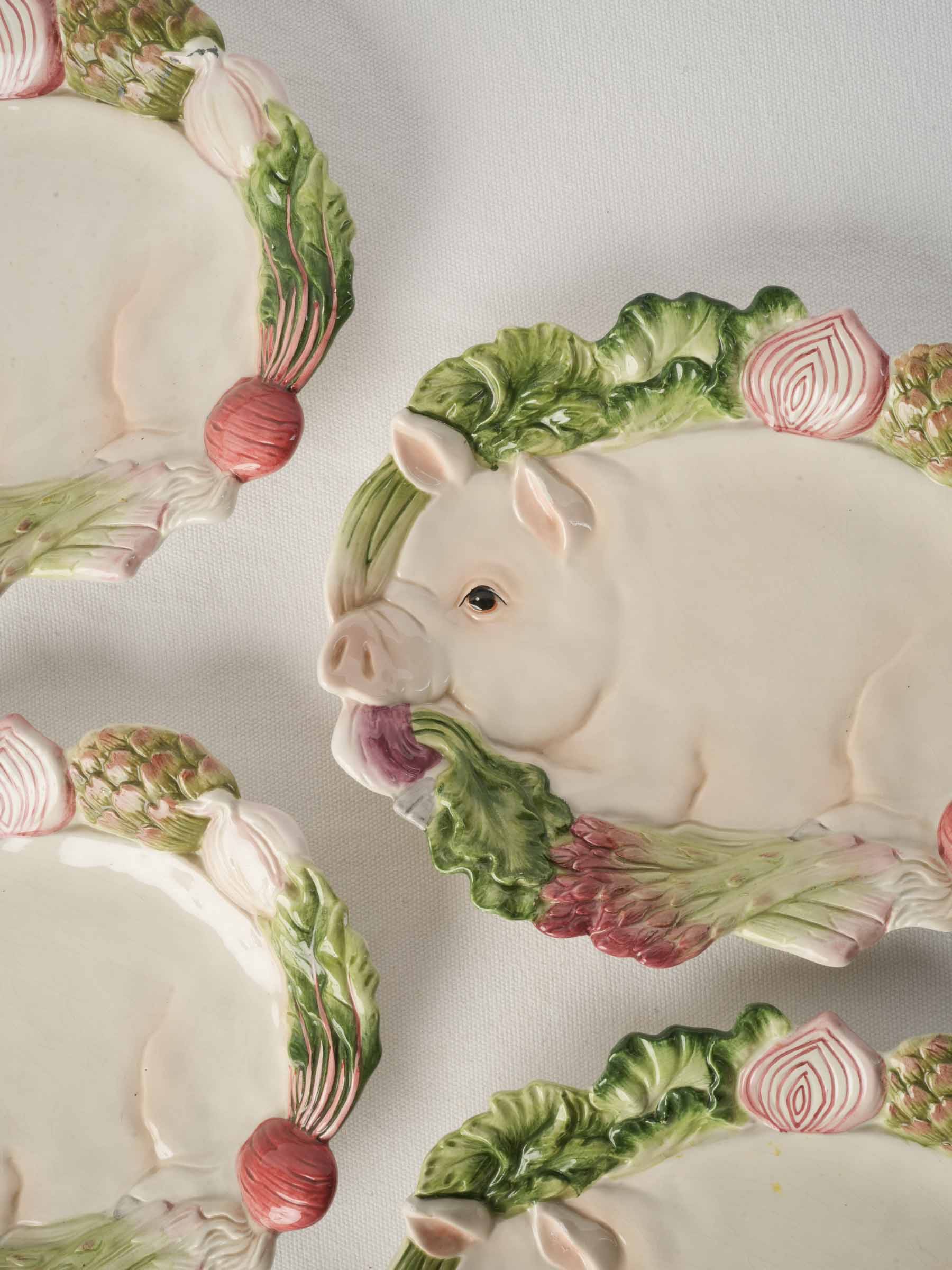 Set of Four Whimsical Fitz & Floyd "French Market" Canapé Plates, Circa 2000s - 10¾"