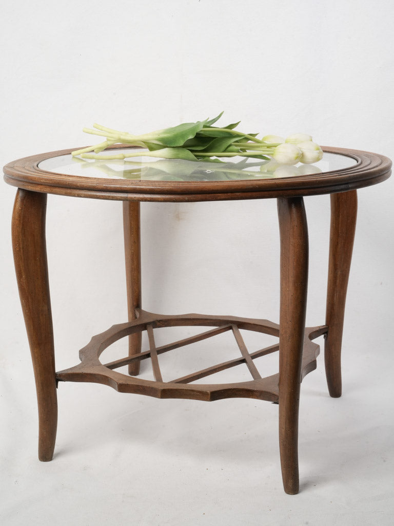 Italian Mid-20th Century Round Wooden Coffee Table w/ Glass Top - 19" x 25¼"