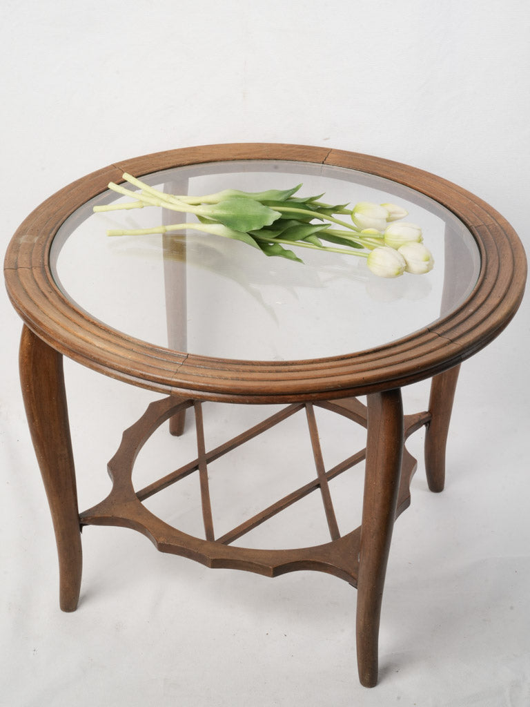 Italian Mid-20th Century Round Wooden Coffee Table w/ Glass Top - 19" x 25¼"