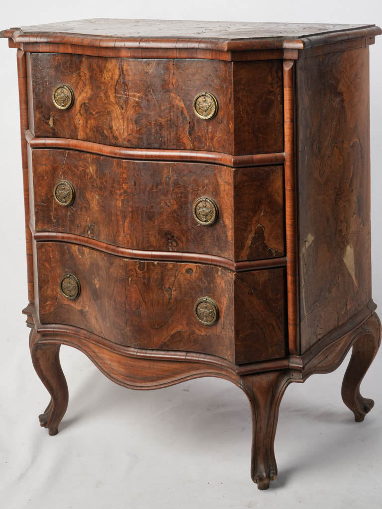 Charming Petite Antique Italian Serpentine Walnut Burl Commode - 32"