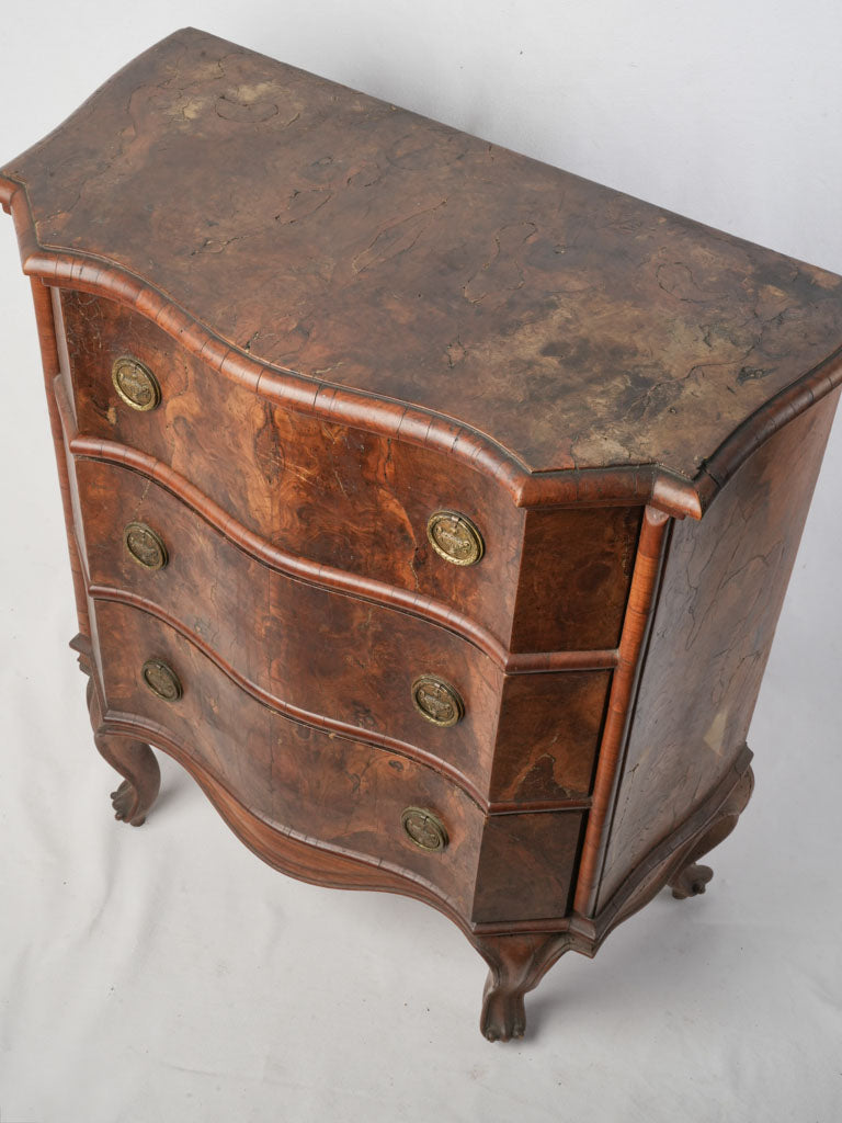 Charming Petite Antique Italian Serpentine Walnut Burl Commode - 32"